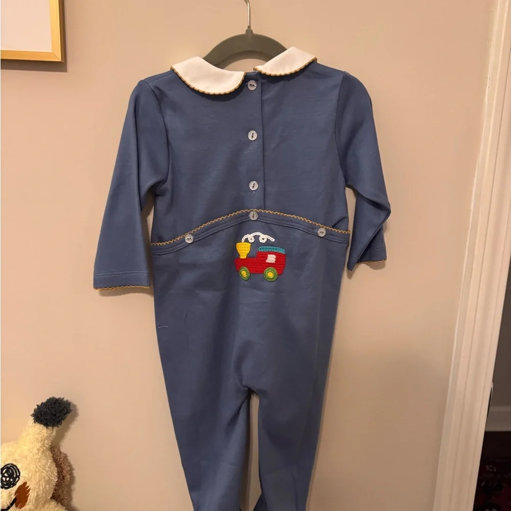 12m Bella Bliss Blue Onesie with Peter Pan Collar and Vintage Train Embroidery